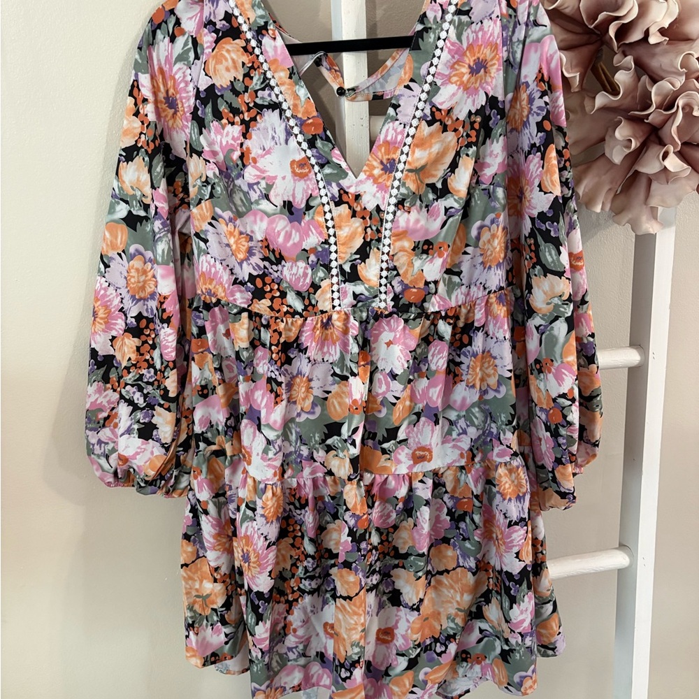 Plus size Floral V-Neck Long Sleeve Dress